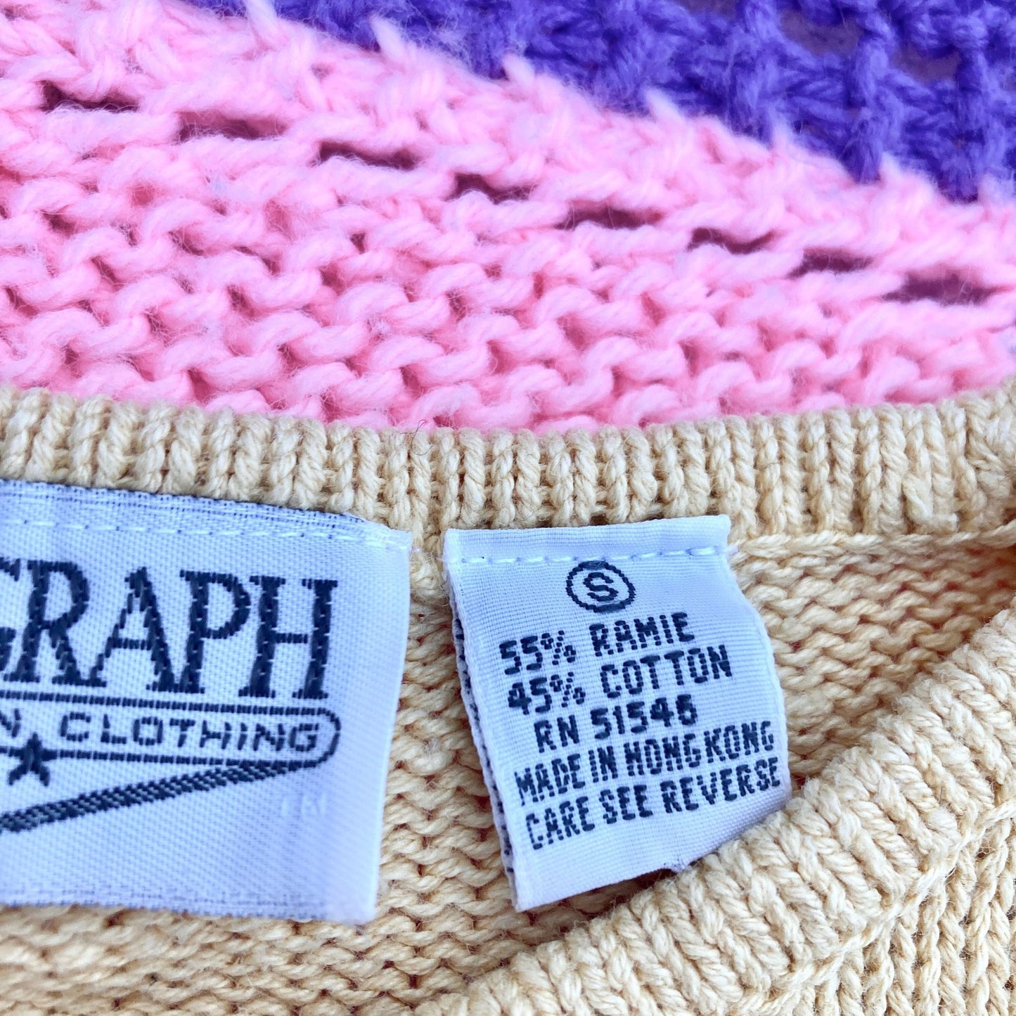 vintage 90s sweater  long sleeve pink tan light butter yellow 1990s geometric southwest mended repaired Autograph American Clothing