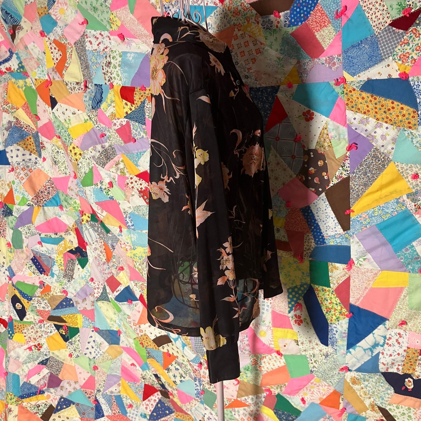 Vintage 60s 70s blouse shirt twin set | M | black floral sheer AS IS flawed 1970s collar collared