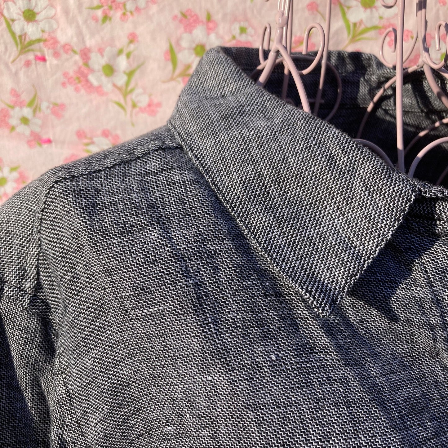 vintage y2k  shirt button up band collar top linen black white gray | M - L |  Norton McNaughton