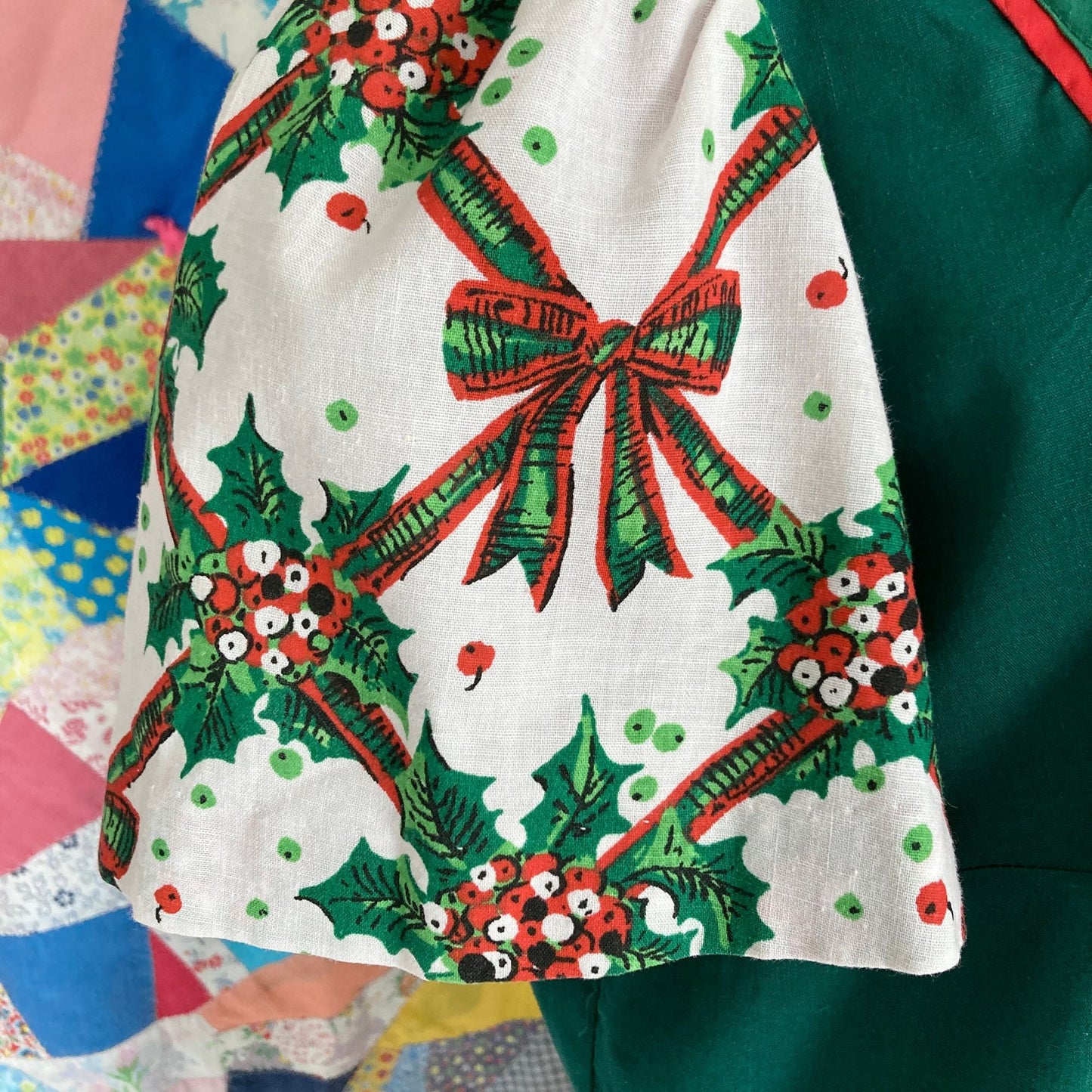 vintage 60s 70s dress red green | M-L | bow floral holly holiday christmas red green