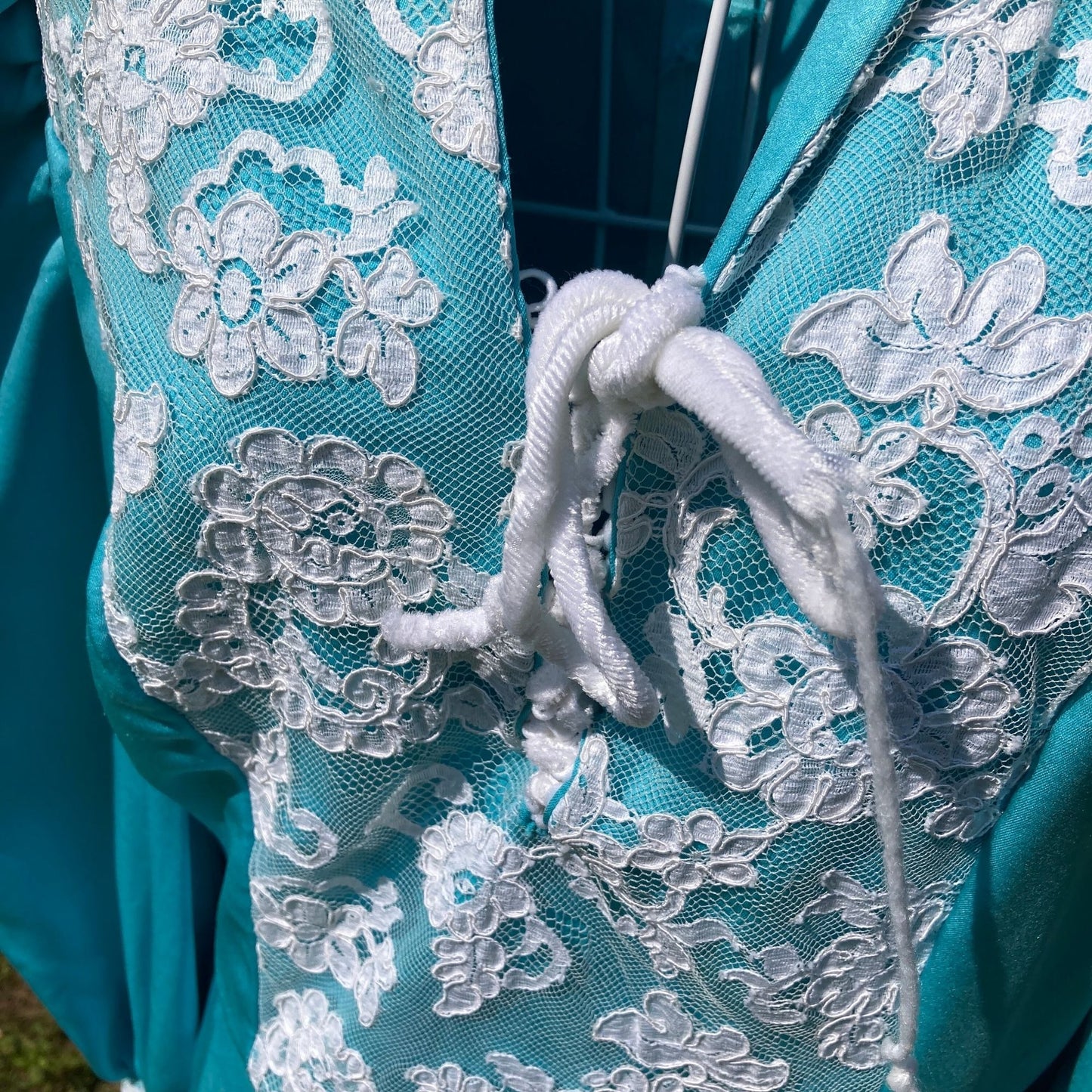 Vintage 70s prairie dress 1970s | S-M | pastel teal maxi balloon bishop sleeve lace