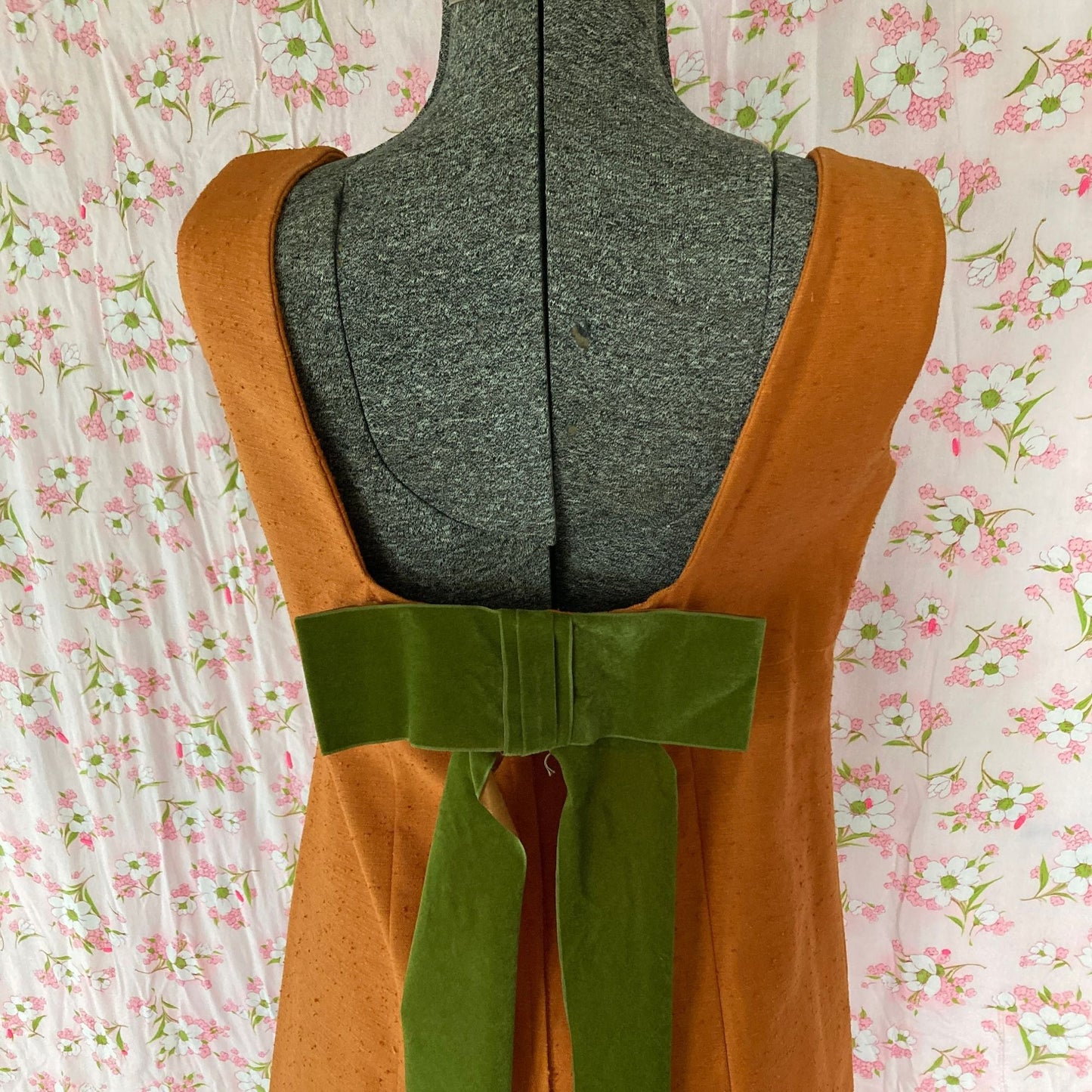 vintage 70s dress |S-M | sleeveless burnt orange  1970s hand made one of a kind rust olive green bow empire waist