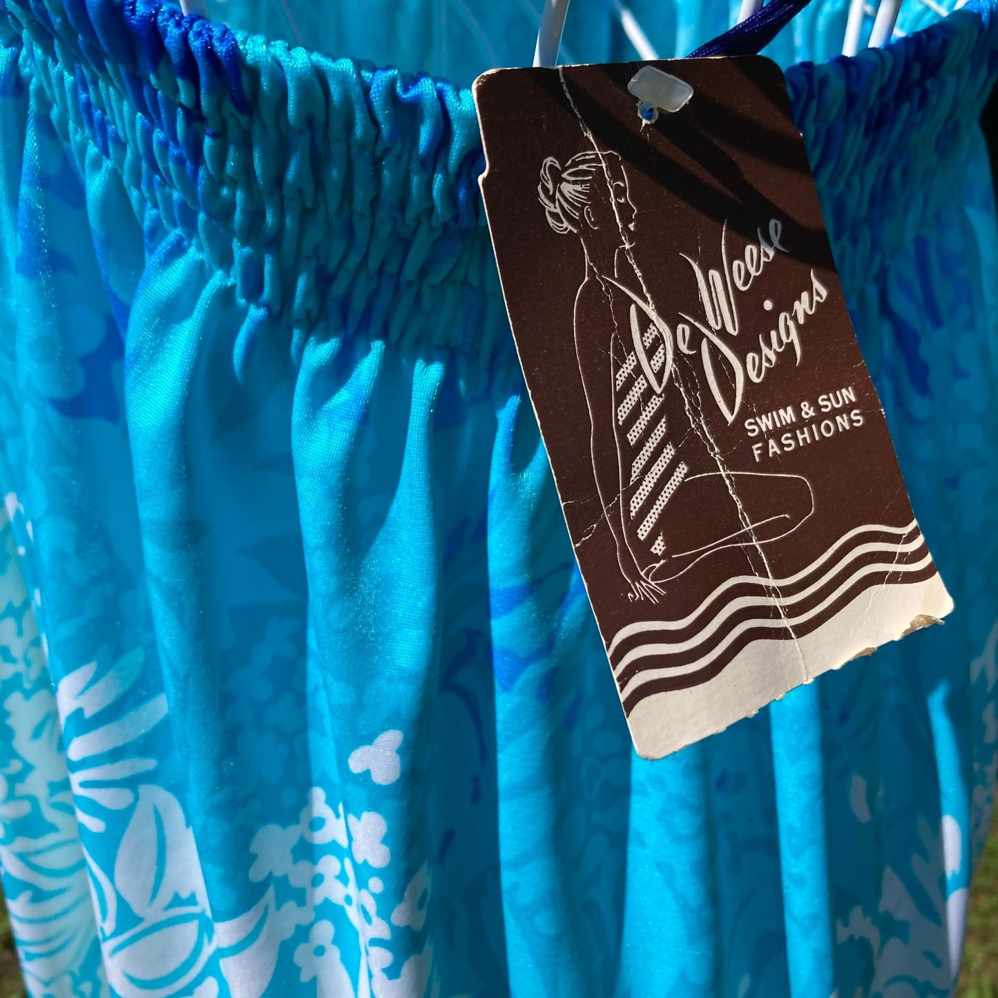 Vintage 70s deadstock dress blue teal print XS-M 1970s floral swim beach DeWeese Design nwt