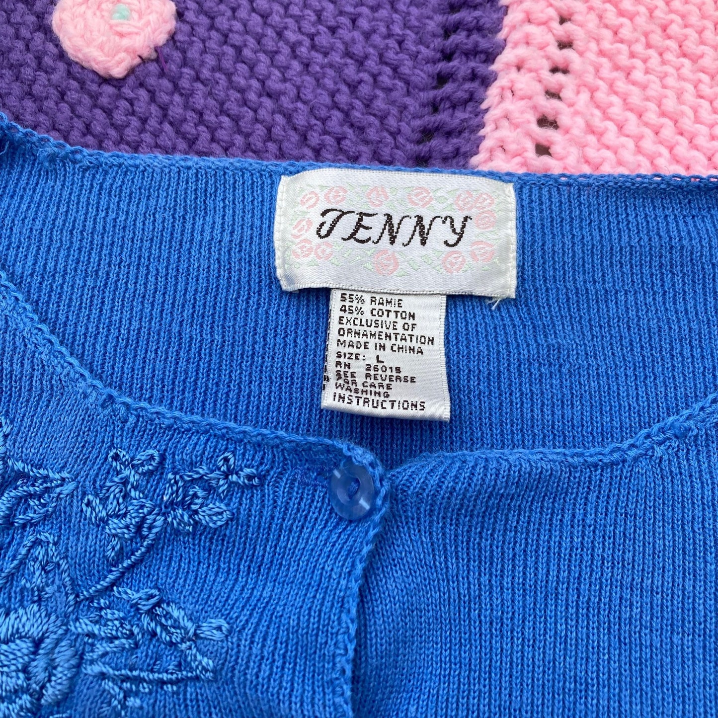 Vintage grandma cardigan floral knit sweater short sleeve top M blue beaded flowers 90s Jenny embroidered