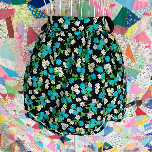 Vintage half apron S-M  pockets blue black white see through sheer linen hand made one of a kind romantic reversible