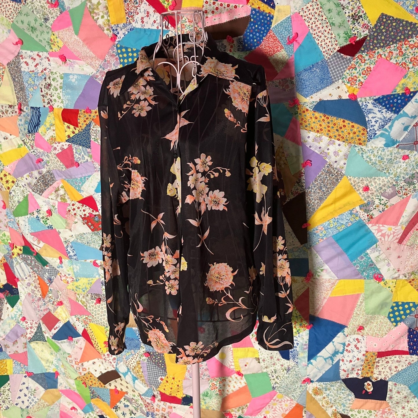 Vintage 60s 70s blouse shirt twin set | M | black floral sheer AS IS flawed 1970s collar collared