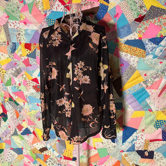 Vintage 60s 70s blouse shirt twin set | M | black floral sheer AS IS flawed 1970s collar collared