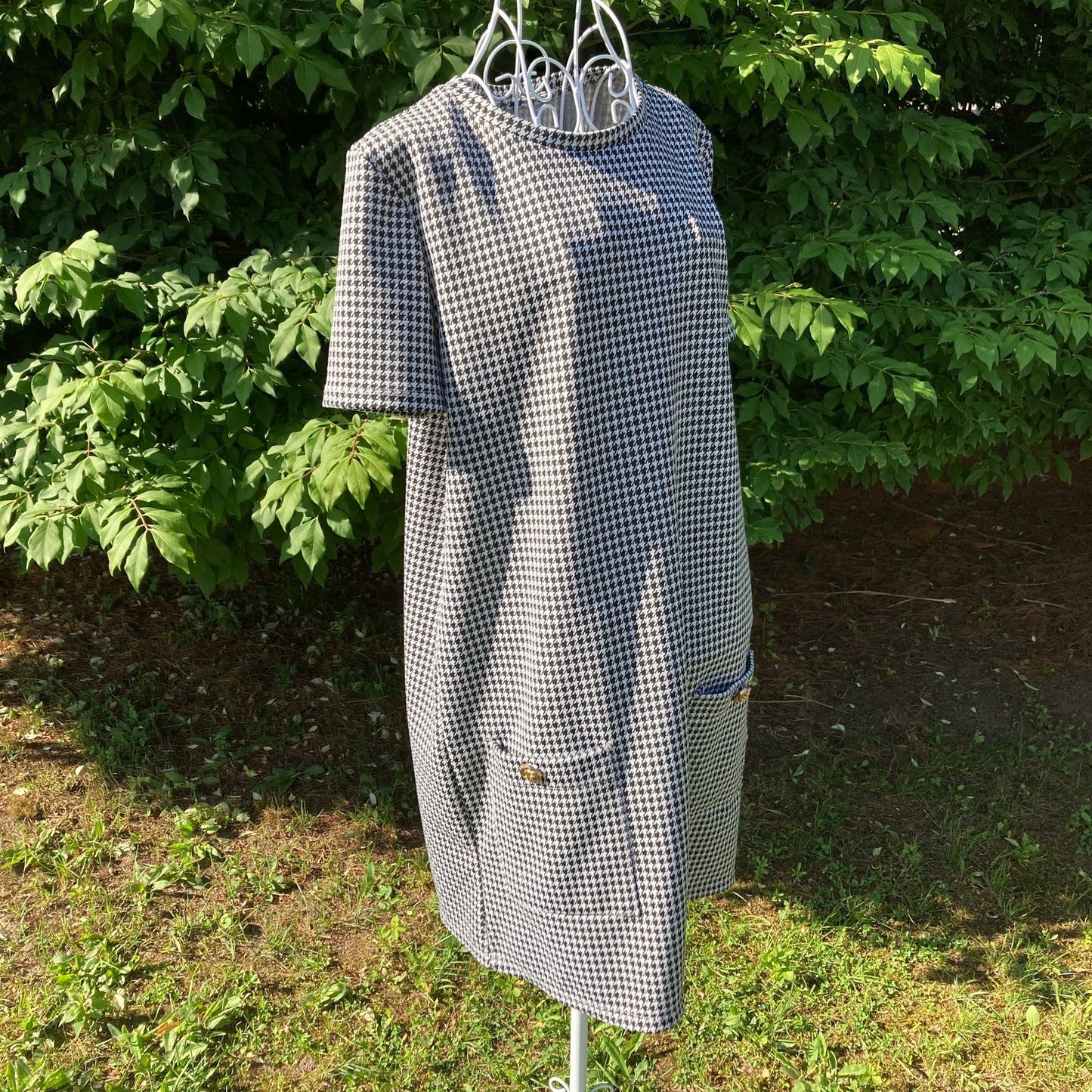 Vintage 70s dress 1970s  houndstooth |S-M| black white shift