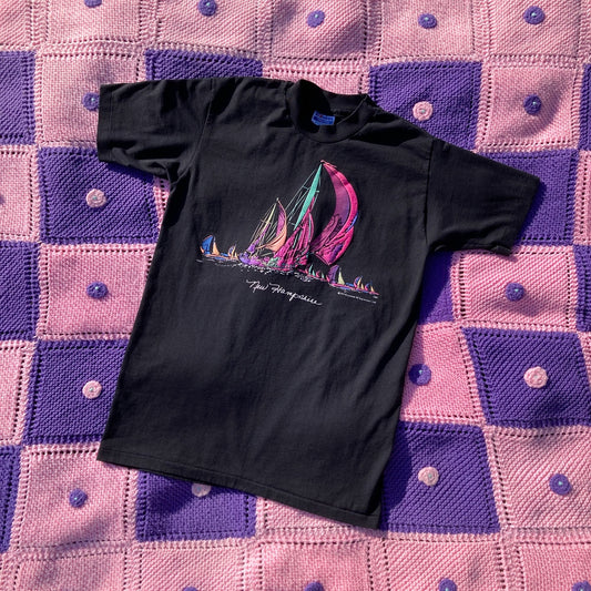 Vintage  t shirt | S-M |  90s  1990s destination New Hampshire sailing graphic black neon pink puffy paint made in USA single stitch Hanes