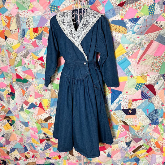 vintage 80s shirt dress cottage core denim cotton western farmcore jean lace collar |S-M| long sleeve Mizz Lizz