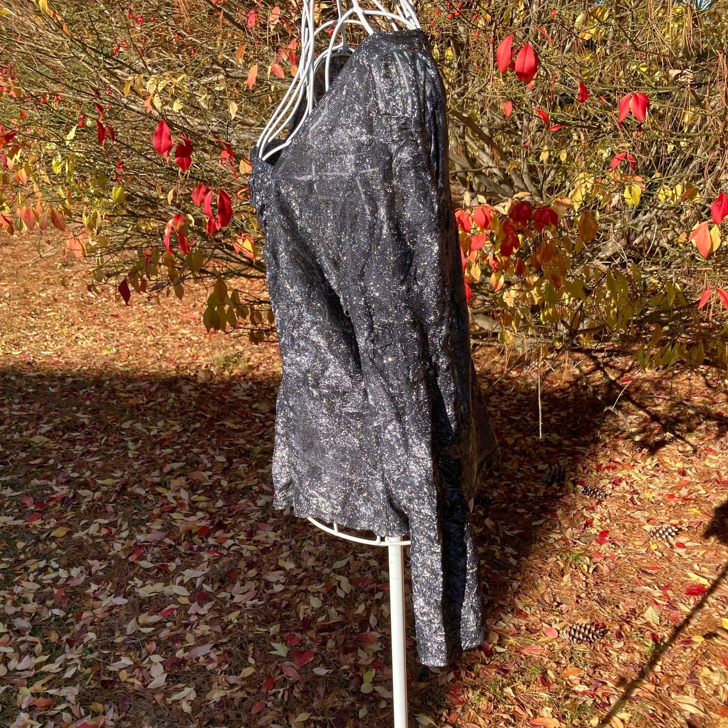 Vintage 90s top  sparkly silver black glitter metallic 1990s party festive sheer square neck ruched Hanky Panky