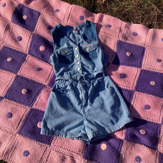 vintage denim jumper romper 90s  cotton jean | XS-S |   1990s playsuit