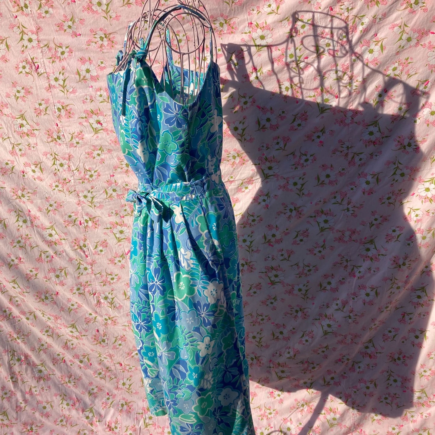 Vintage 70s dress blue teal floral print | M-L| 1970s floral swim beach Sea Waves