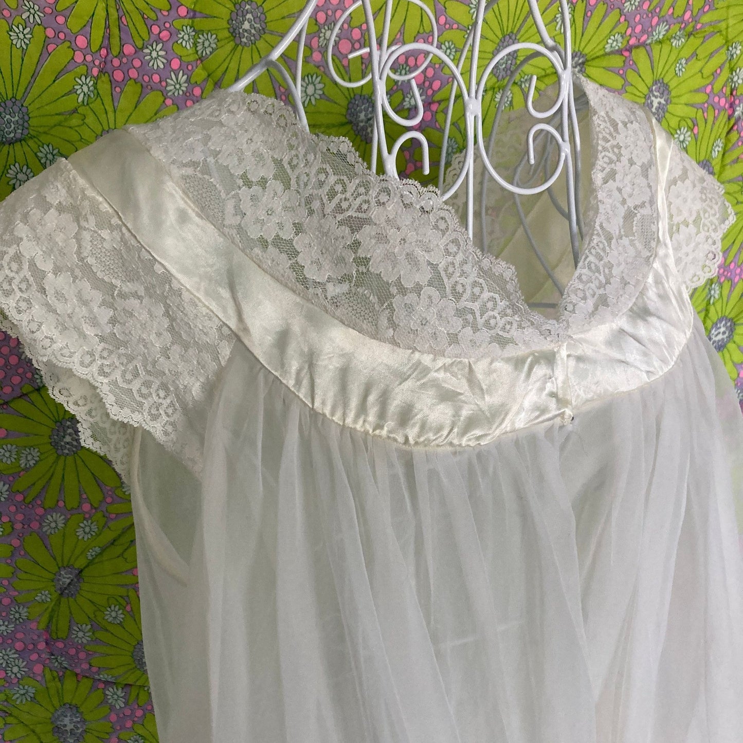 vintage 60s 70s  mesh and lace peignoir prairie robe chiffon lingerie nylon