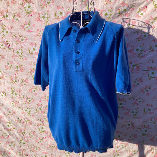 Vintage 70s sweater short sleeve knit top S M blue white soft collared