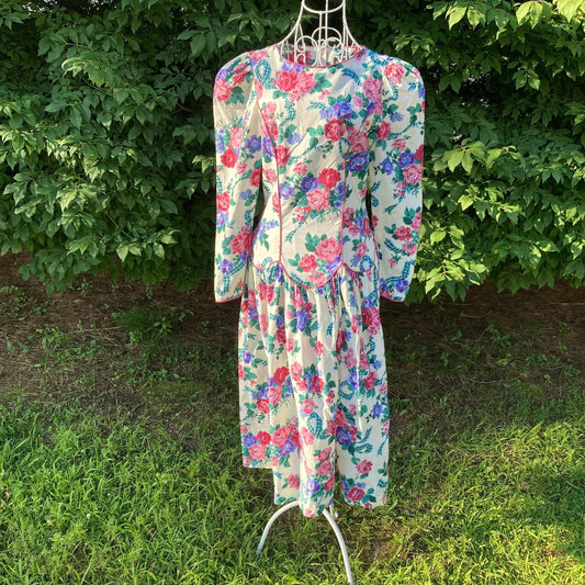 vintage 80s dress floral rose 1980s | cottage core | cream pink white green | S-M | garden party cotton fit and flare Picture Me