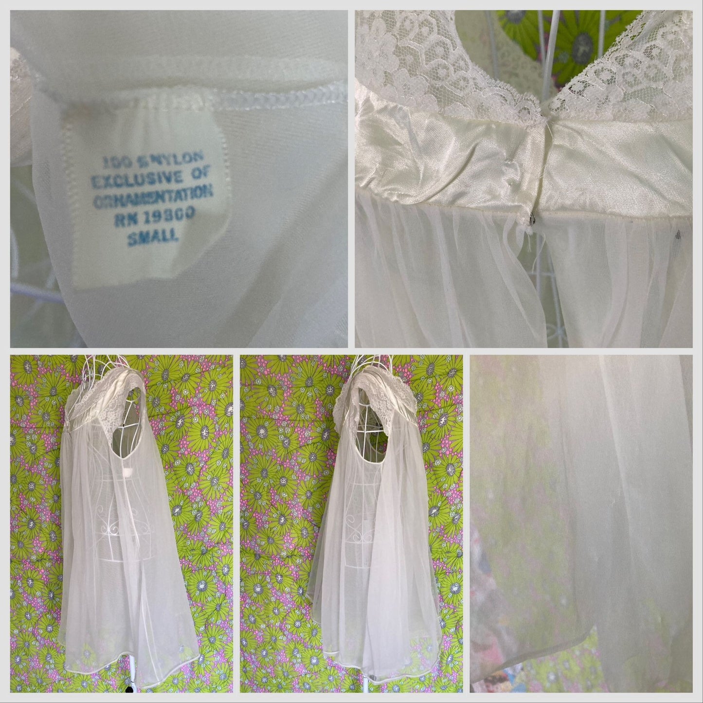 vintage 60s 70s  mesh and lace peignoir prairie robe chiffon lingerie nylon