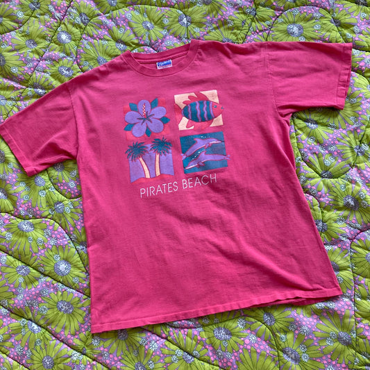 Vintage  t shirt | S-M |  90s  1990s palm trees dolphins flowers pink leaves single stitch Lifestyles destination Pirates Beach Galveston TX
