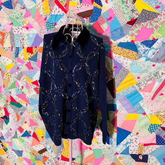 Vintage 90s Talbots cardigan floral knit sweater ribbon beading flowers wool angora blend  iridescent
