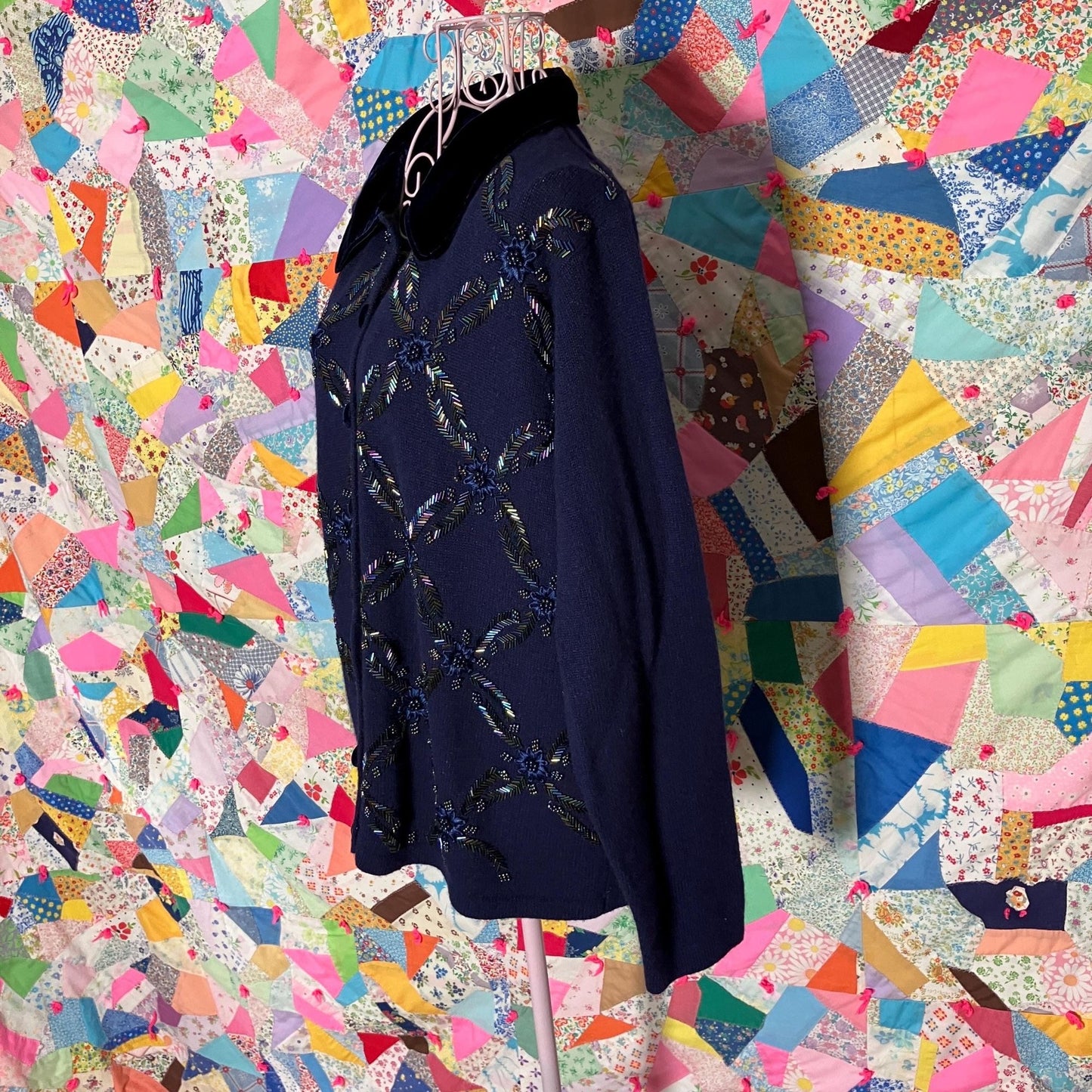 Vintage 90s Talbots cardigan floral knit sweater ribbon beading flowers wool angora blend  iridescent