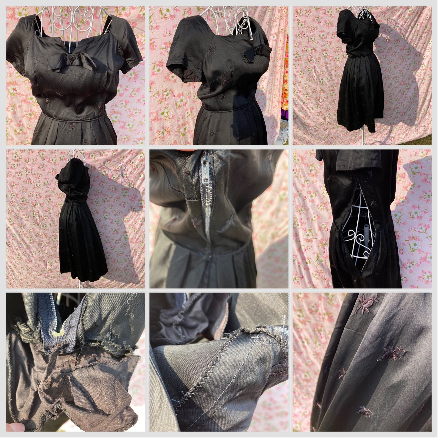 Vintage 50s black dress XS-S fit and flare bow brocade