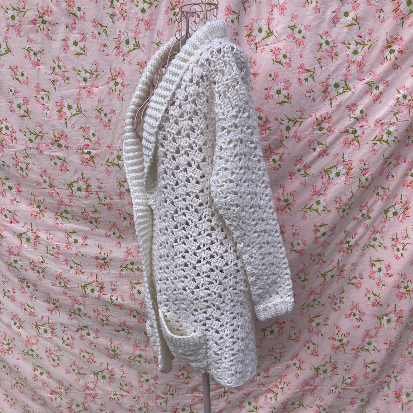 Vintage 70s sweater M  white open knit cardigan  openwork long shawl collar