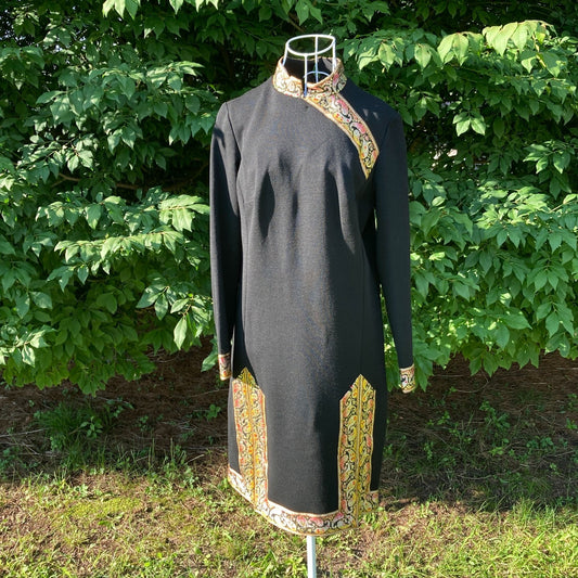 Vintage 60s shift dress black gold |S - M|  1960s jacquard paisley