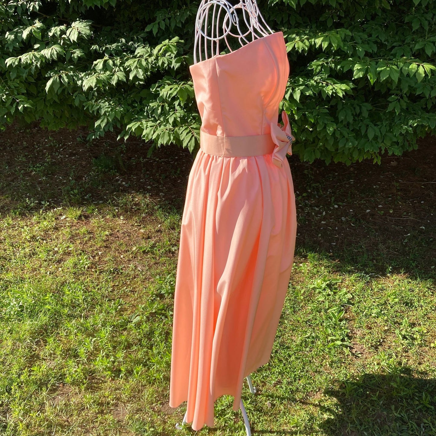 Vintage 70s 80s dress peach  big bow ILGWU union made sleeveless Pantagis