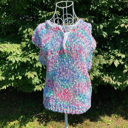 Vintage 90s sweater vest multicolor crochet tank top | S-M | pink green white purple 1990s deadstock nwt knit chunky razz m tazz boucle
