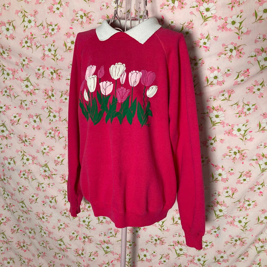 Vintage 80s grandma sweatshirt Morning Sun bright pink white floral puff paint |S-M| collared 1980s iris tulips raglan Whitton Hanes