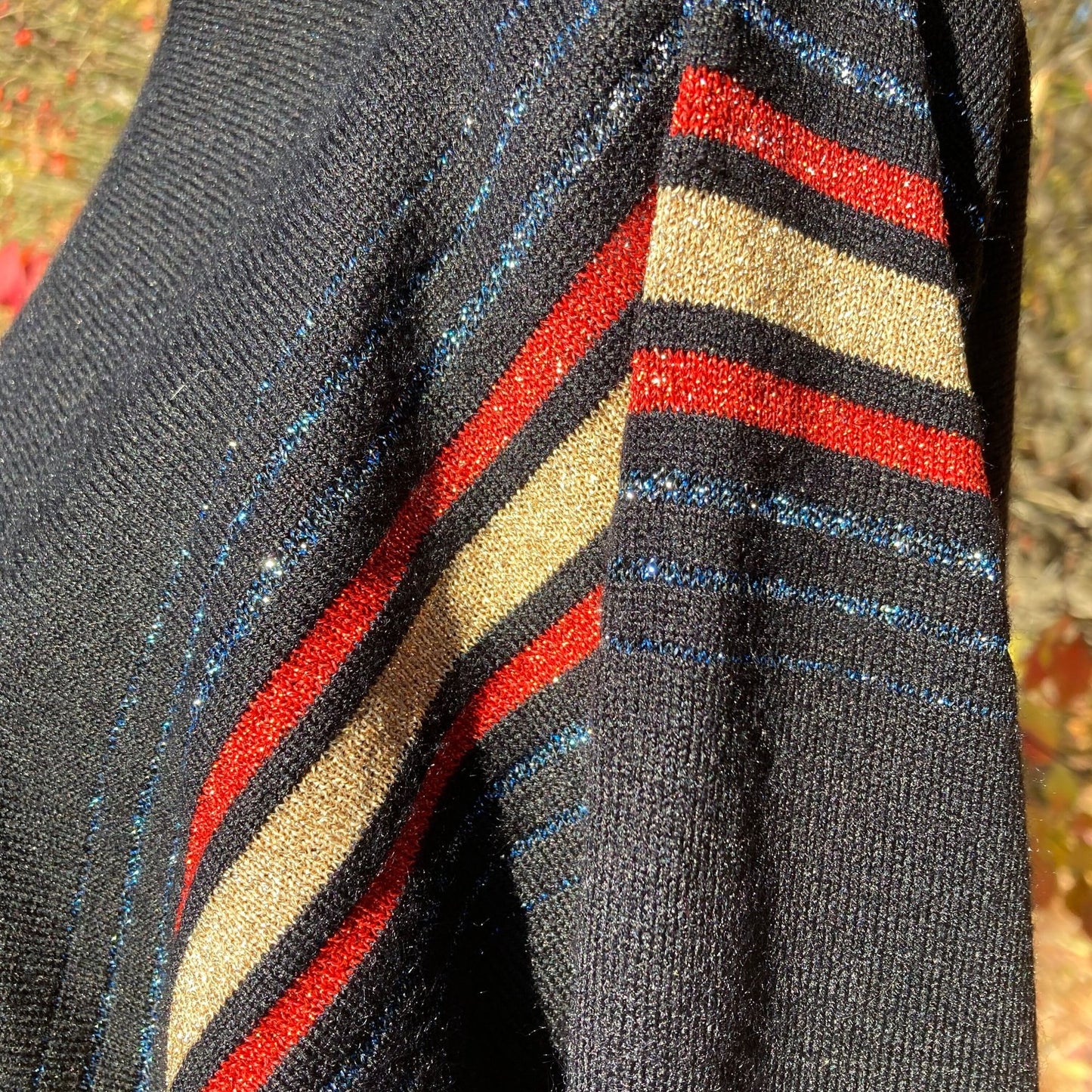 vintage 80s black sweater striped metallic sparkly gold red blue 1980s Liz Claiborne