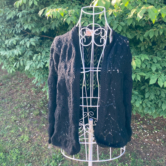 Vintage 60s black crochet cropped cardigan  | XS - S | top crop open knit weave work  open weave Glentex