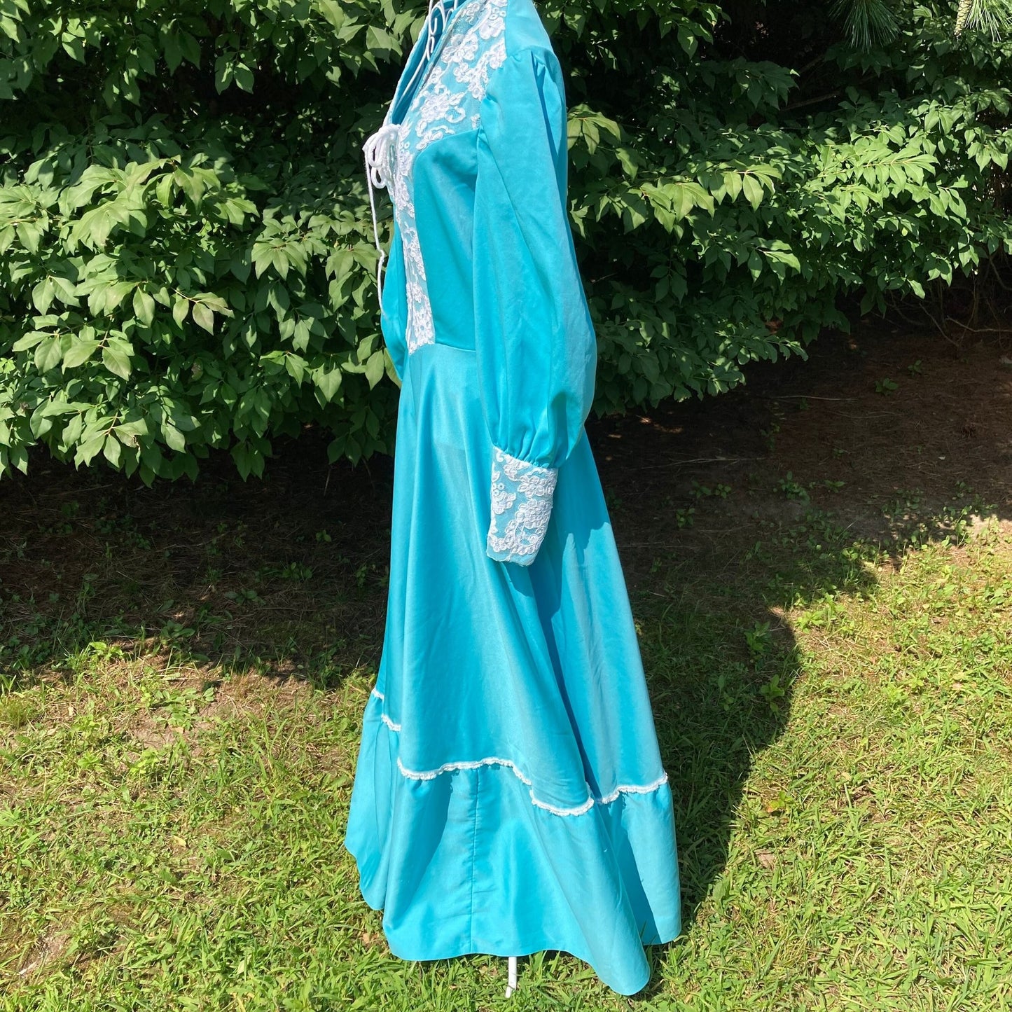 Vintage 70s prairie dress 1970s | S-M | pastel teal maxi balloon bishop sleeve lace