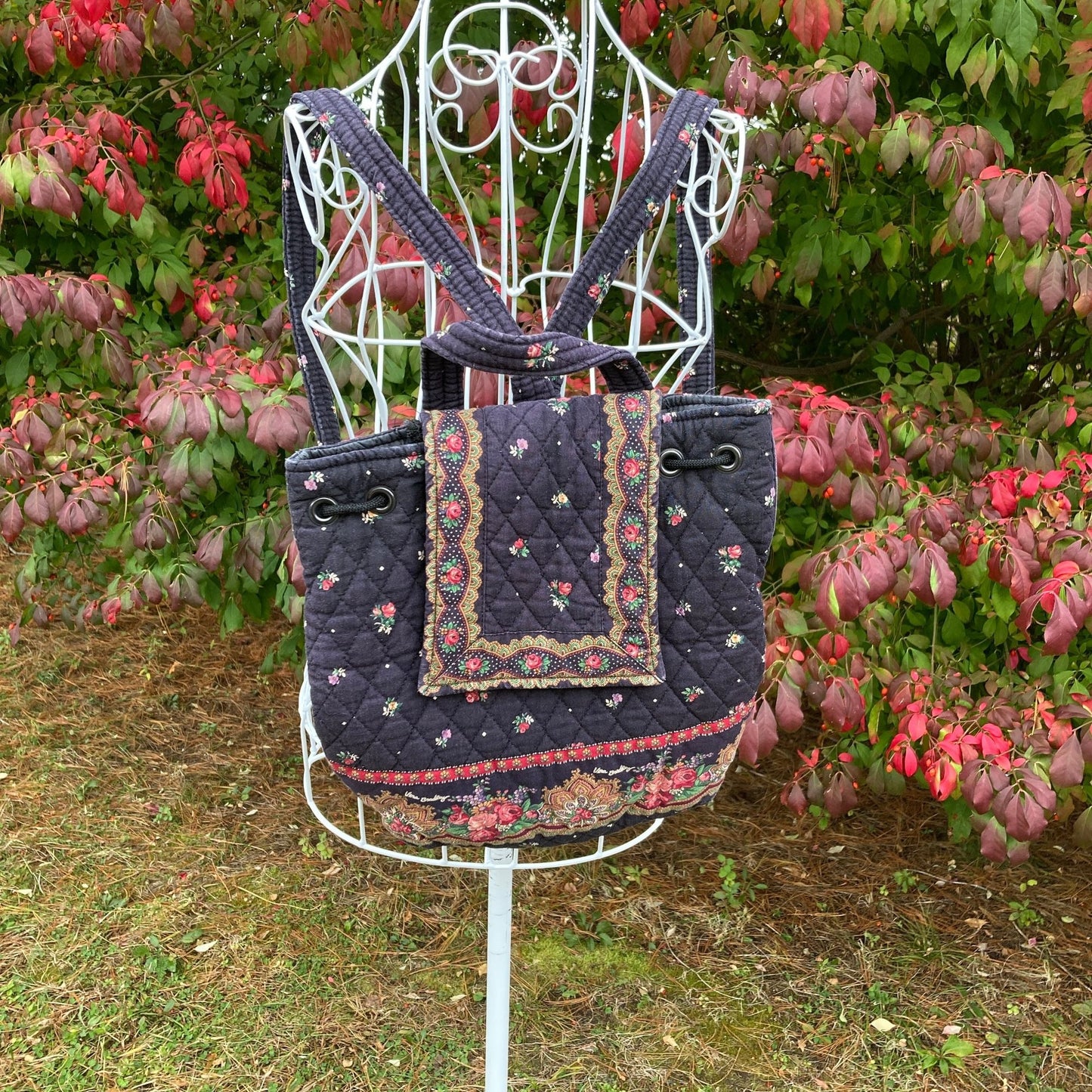 vintage 90s Vera Bradley backpack purse 1990s black red pink roses quilted cotton