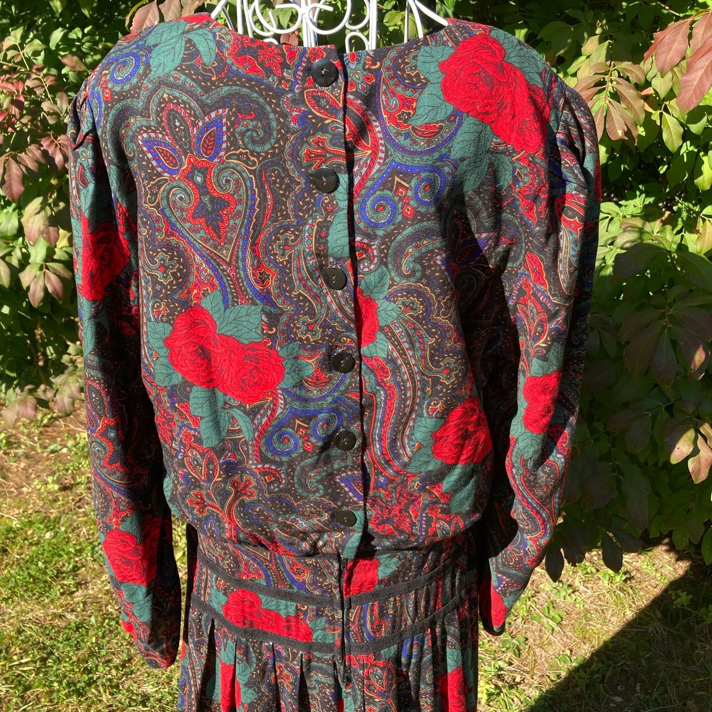 Vintage 80s dress paisley rose midi |  M | 1980s cottage dark floral western rayon John Roberts