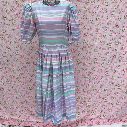 Vintage floral dress 80s 90s cottage core  | M-L |  pink purple green striped pastel  puff sleeve Lanz