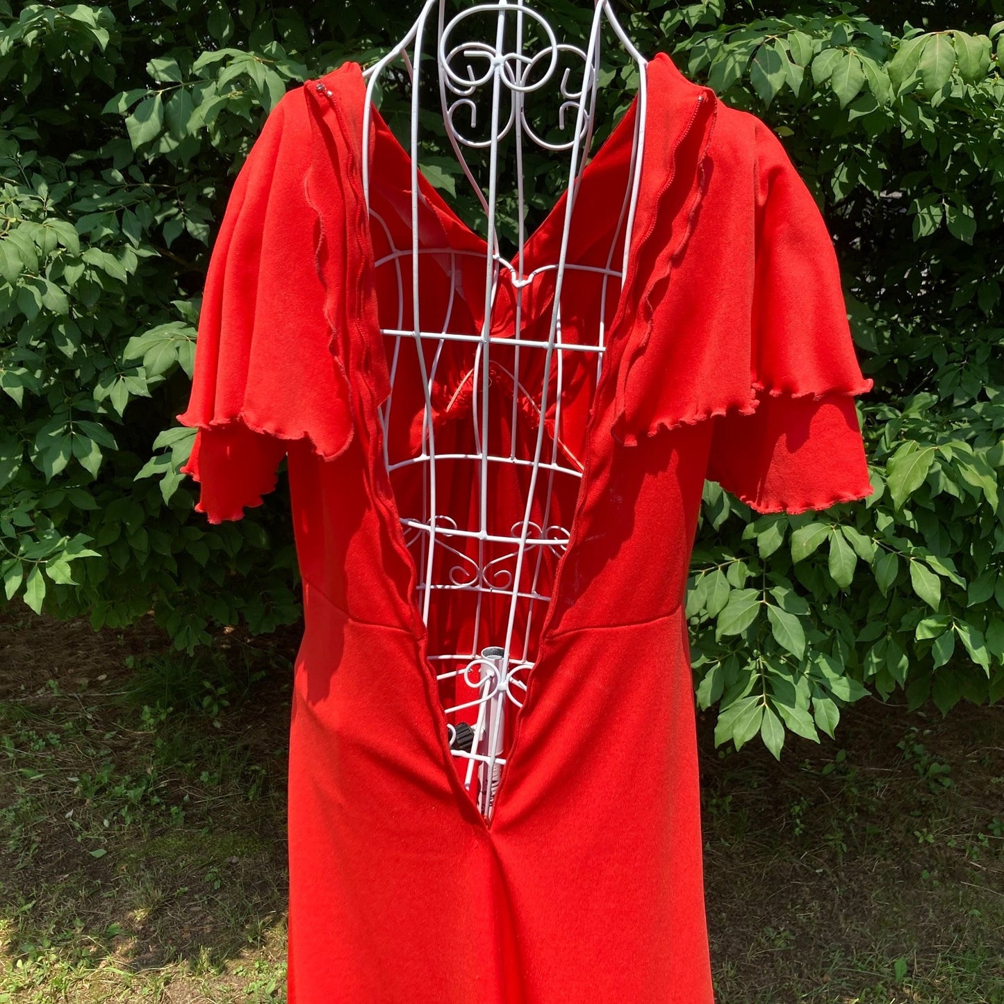 70s vintage maxi dress red XS-M 1970s party long Sears flutter sleeve lettuce hem emprire waist