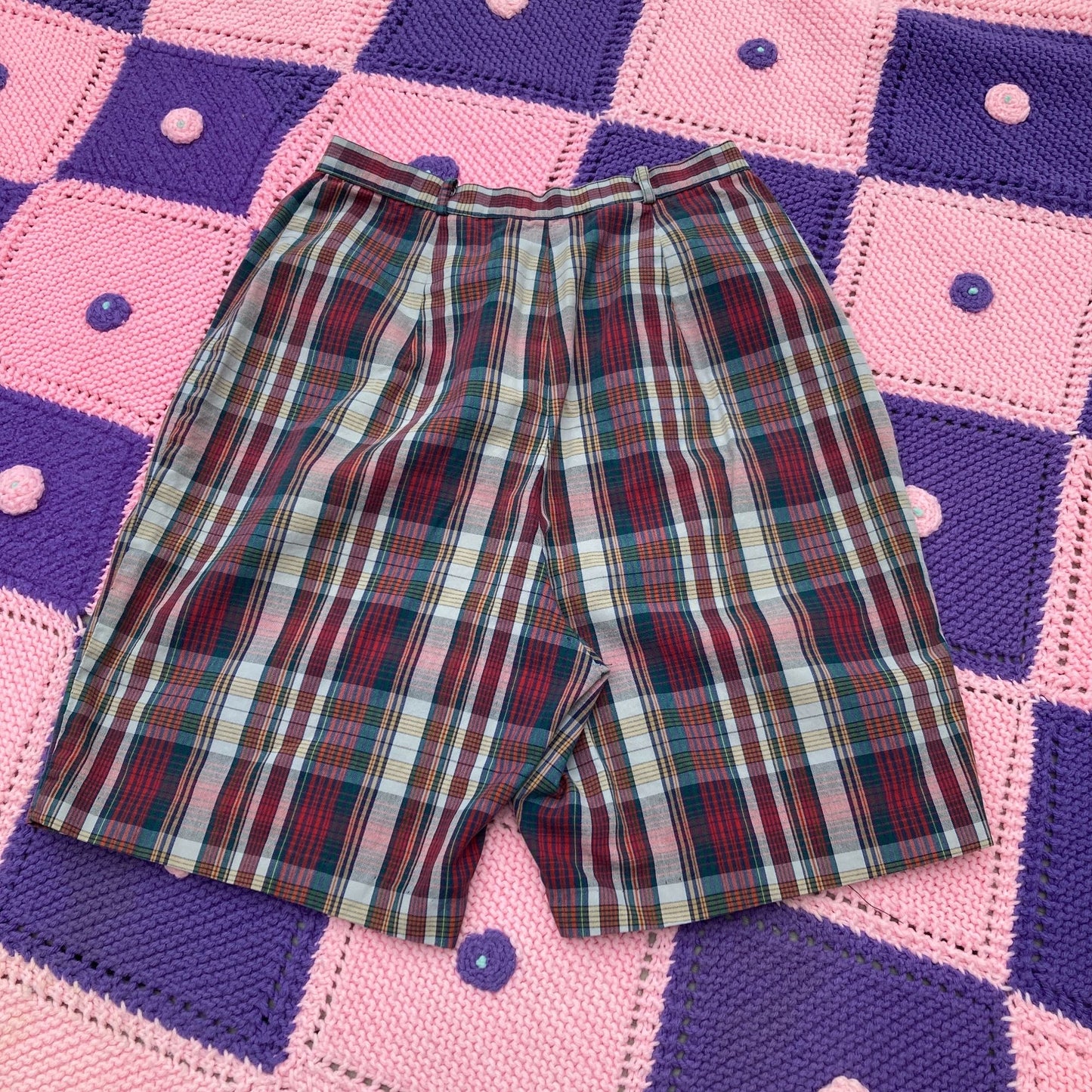vintage 60s high waisted shorts 1960s madras plaid maroon green tan  XS-S