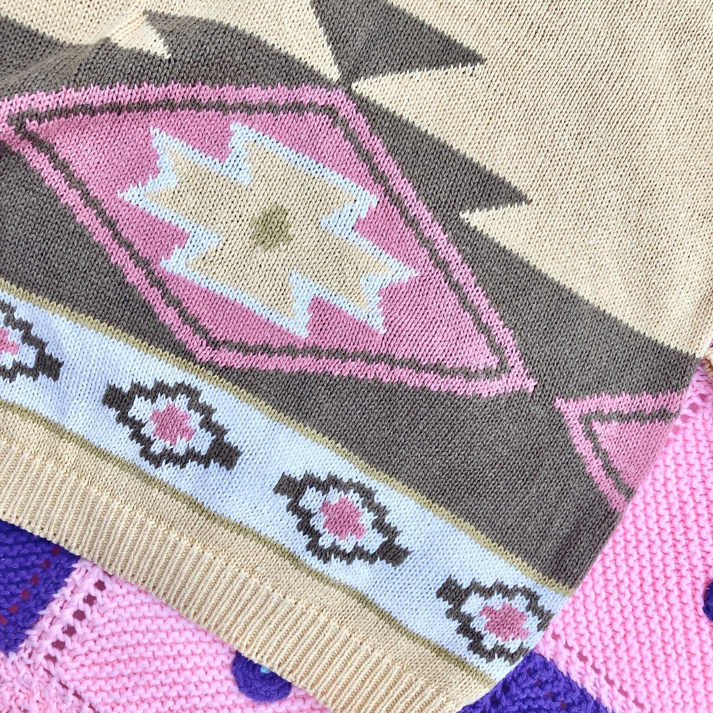 vintage 90s sweater  long sleeve pink tan light butter yellow 1990s geometric southwest mended repaired Autograph American Clothing