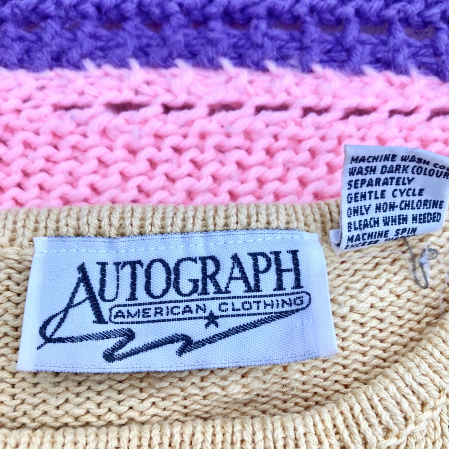 vintage 90s sweater  long sleeve pink tan light butter yellow 1990s geometric southwest mended repaired Autograph American Clothing