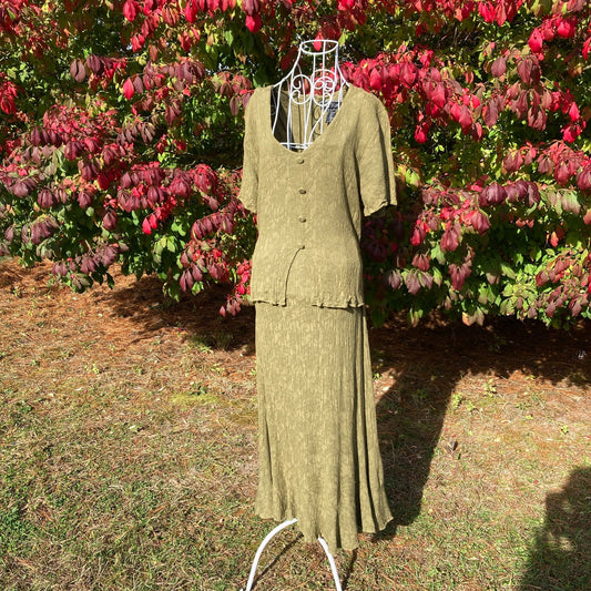 vintage cottage core dress  1990s olive green  sundress  | S-M | short sleeve Just in Thyme