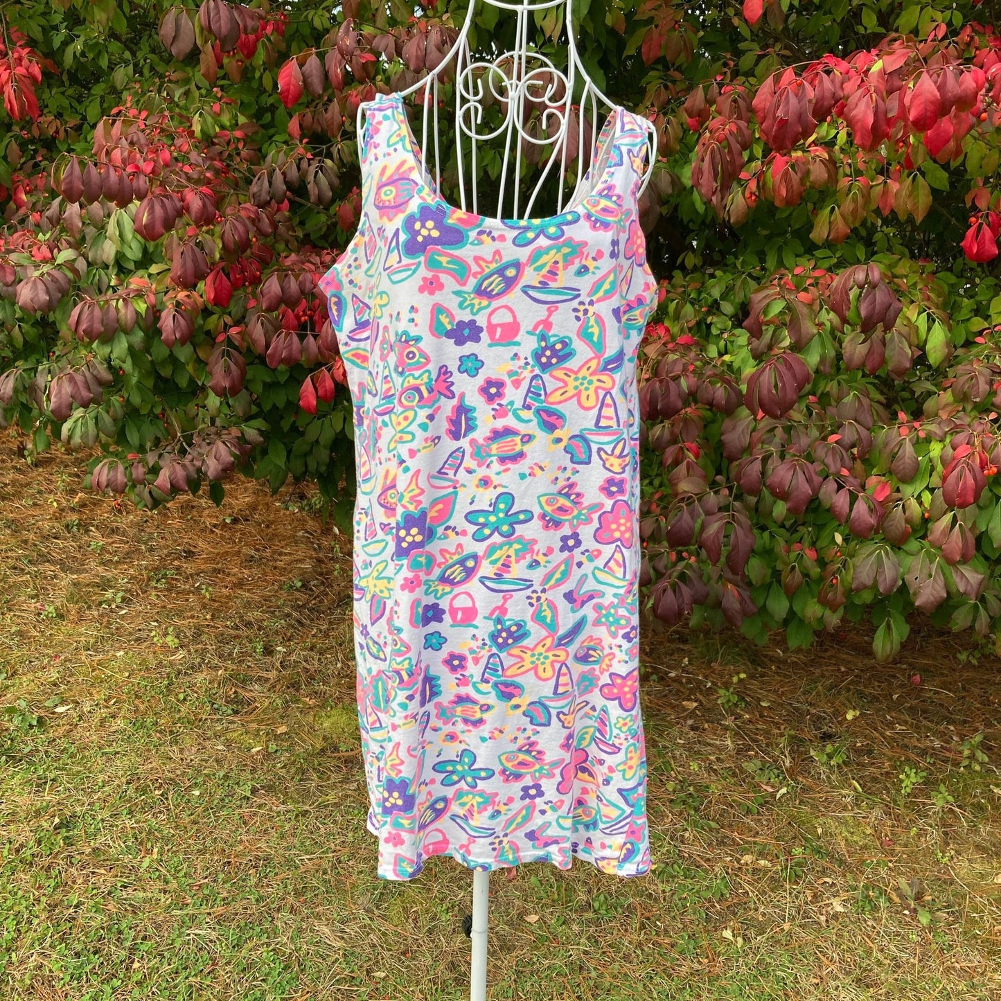 Vintage 90s dress white cotton |S-M| tank top neon pink orange purple novelty fish sail boat print beach 1990s Eyecatcher