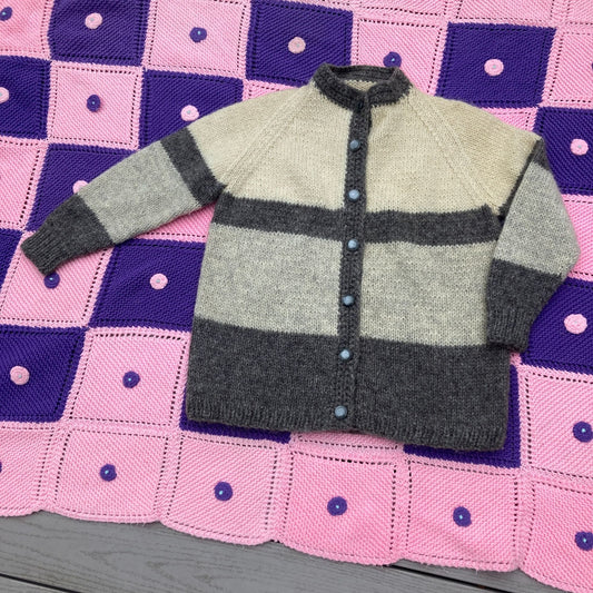 Vintage 60s 70s wool cardigan sweater off white cream grey stripe  |S-M| button up chunky knit