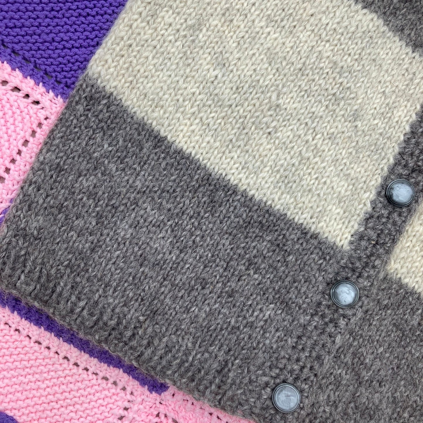 Vintage 60s 70s wool cardigan sweater off white cream grey stripe  |S-M| button up chunky knit