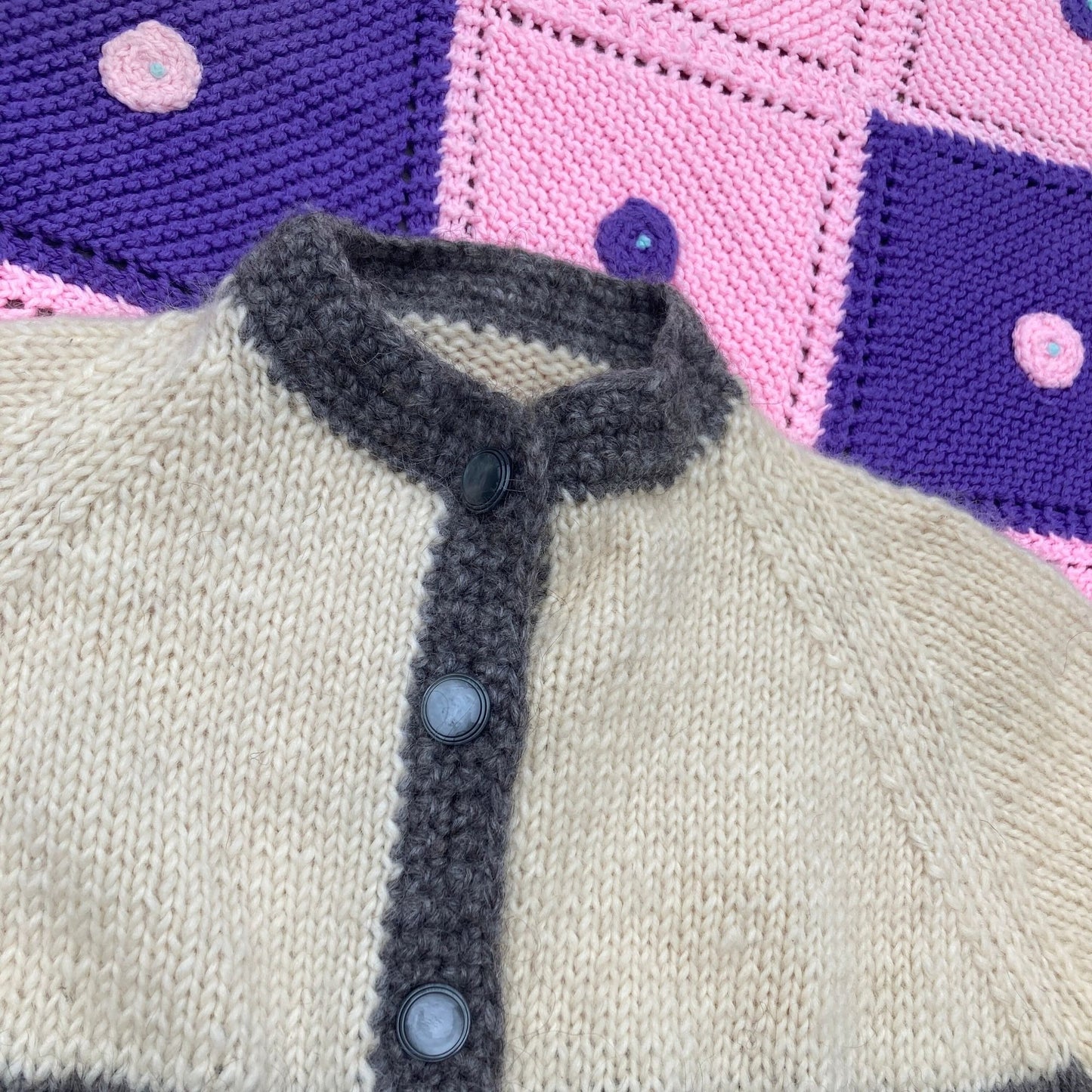 Vintage 60s 70s wool cardigan sweater off white cream grey stripe  |S-M| button up chunky knit