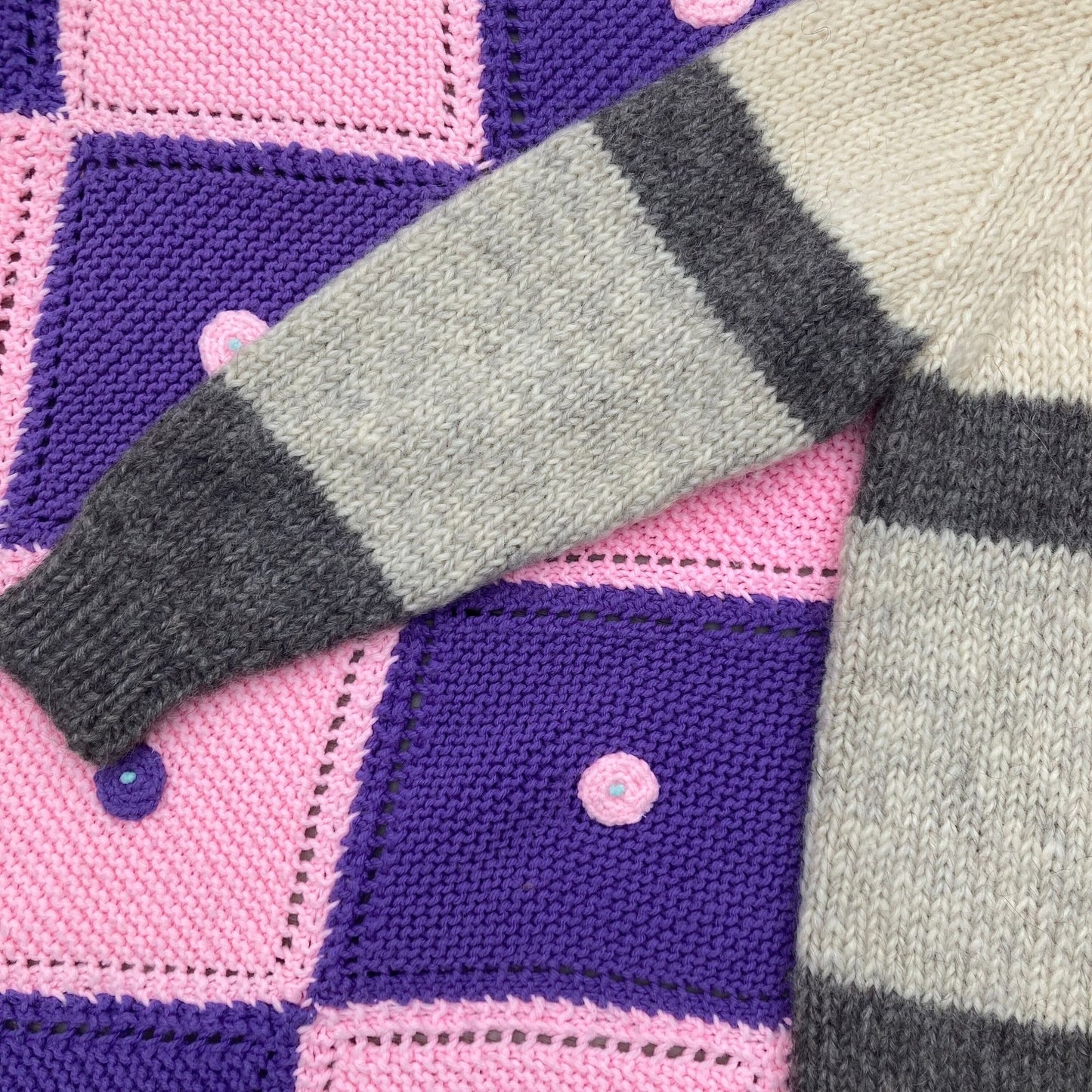 Vintage 60s 70s wool cardigan sweater off white cream grey stripe  |S-M| button up chunky knit