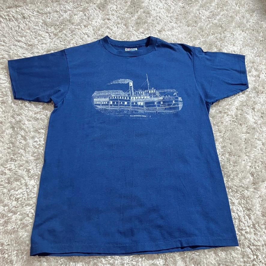 Vintage 80s 90s  t shirt   boat graphic fades | S-M | navy blue white Hanes Fifty - Fifty