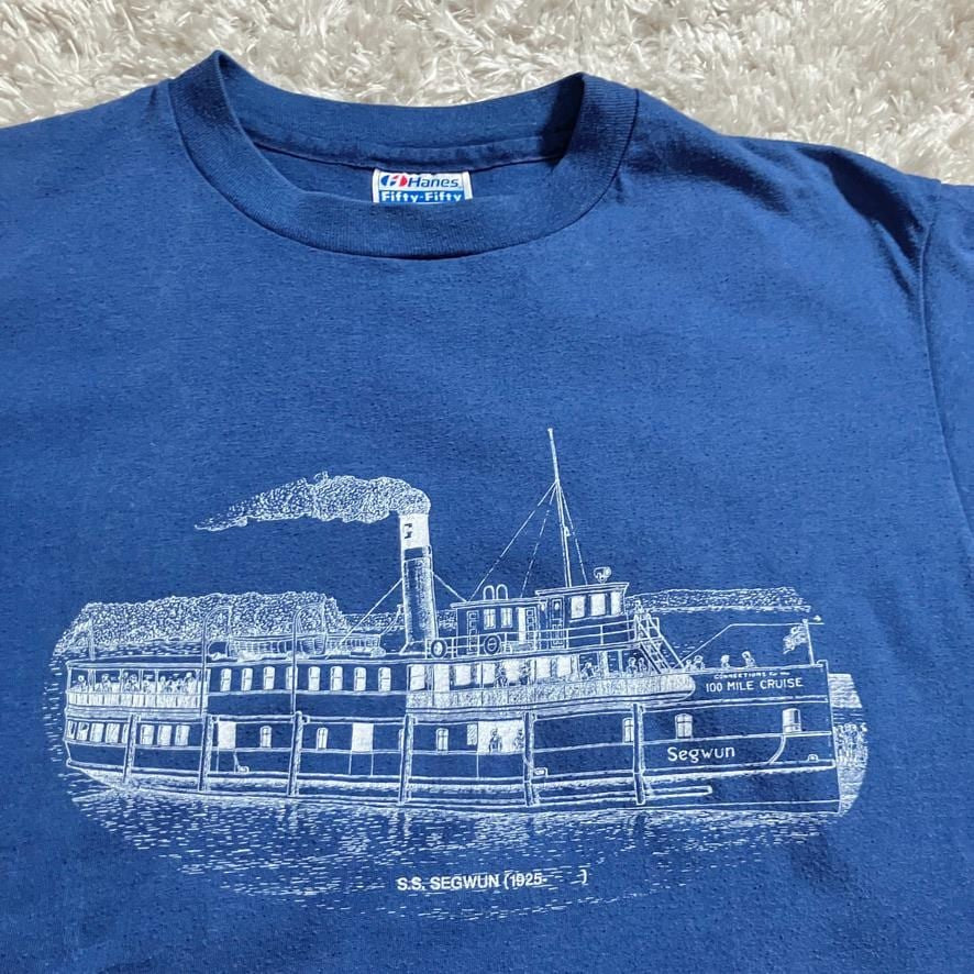 Vintage 80s 90s  t shirt   boat graphic fades | S-M | navy blue white Hanes Fifty - Fifty