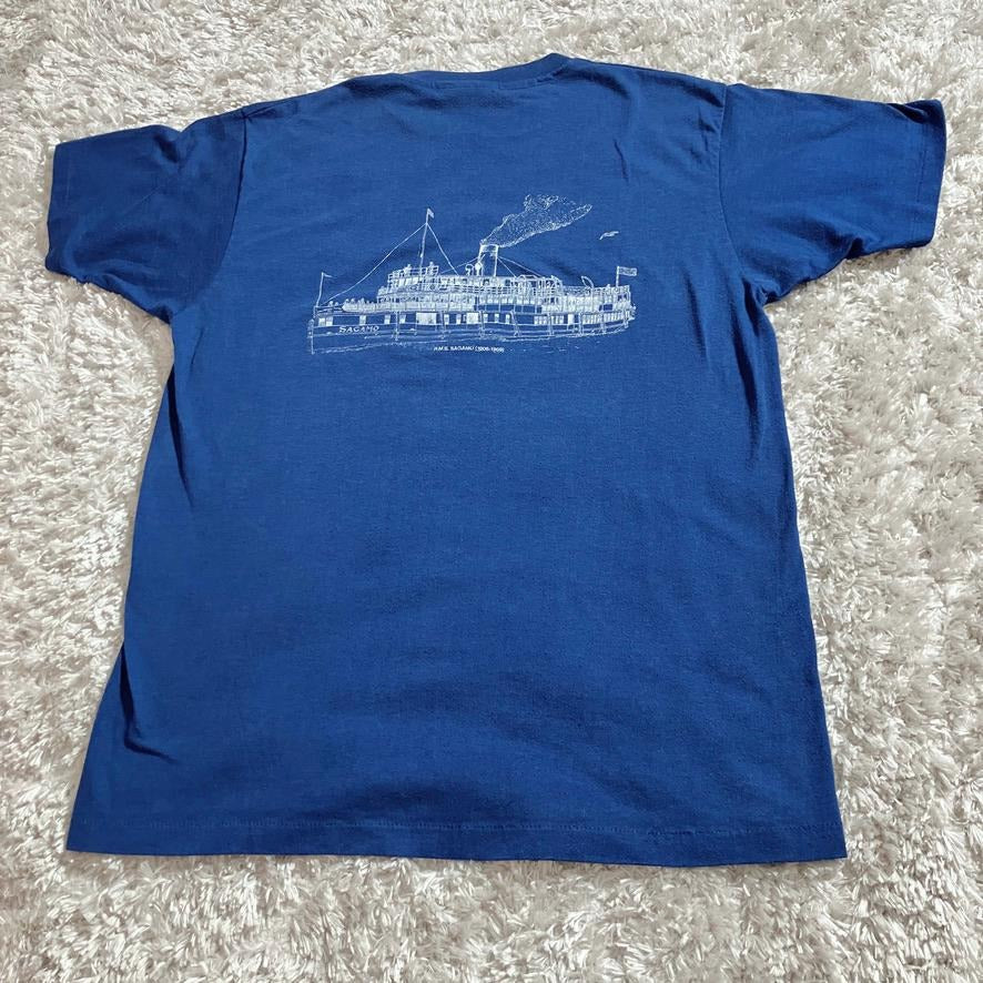 Vintage 80s 90s  t shirt   boat graphic fades | S-M | navy blue white Hanes Fifty - Fifty