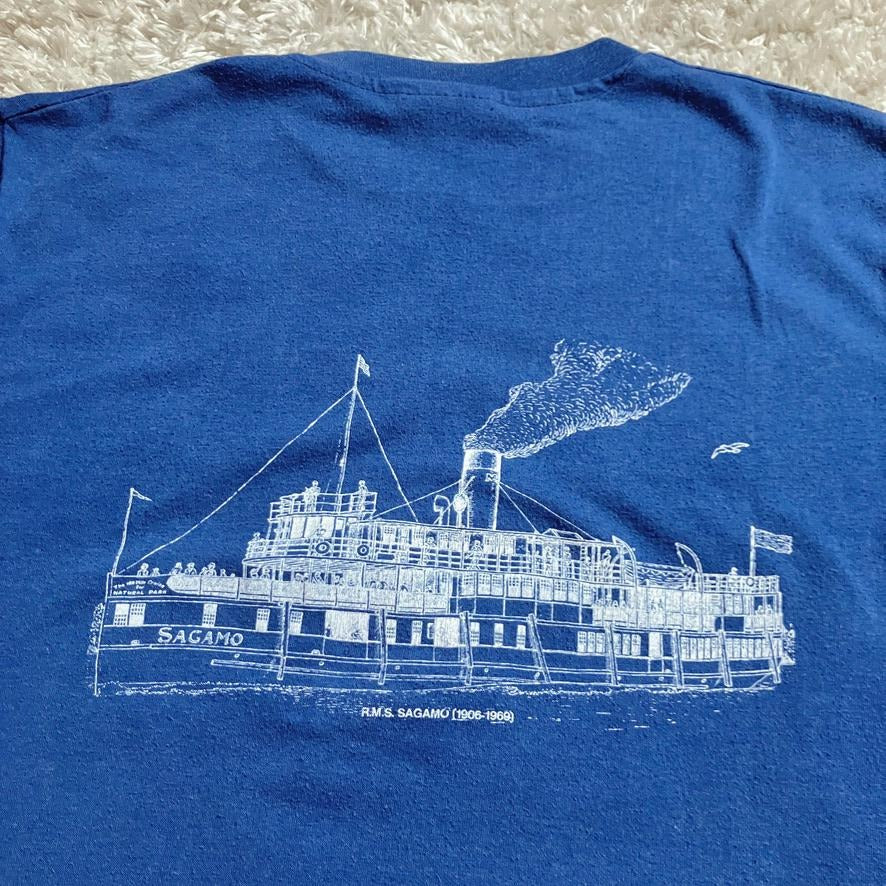Vintage 80s 90s  t shirt   boat graphic fades | S-M | navy blue white Hanes Fifty - Fifty